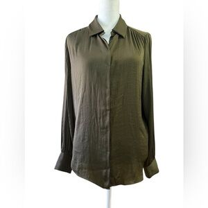 Tahari Olive Green Silky Button up Top Office Evening Small